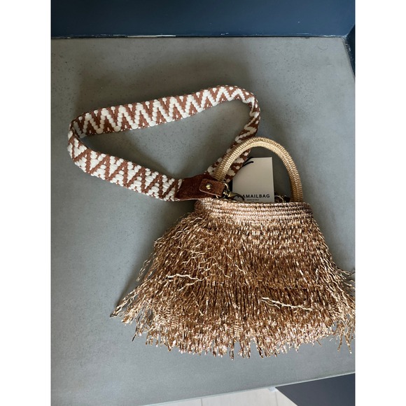 ViaMailBag Handbags - ViaMailBag Italy Rose Gold Glitter Fringe Straw Bucket Bag Boho Summer Festival